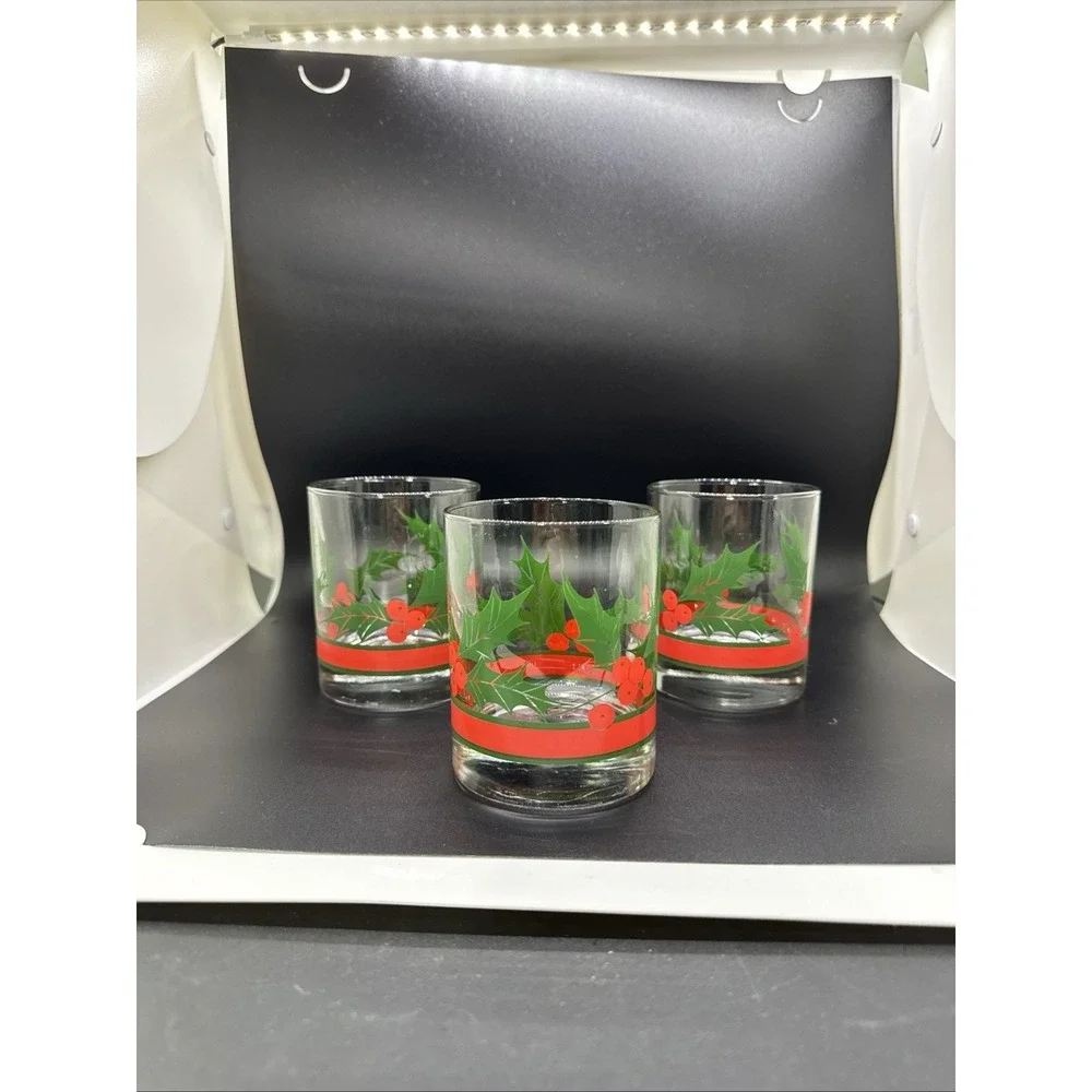 3 Libbey Holly & Berries Christmas Curved Flared Old Fashioned Glasses 10oz‎
